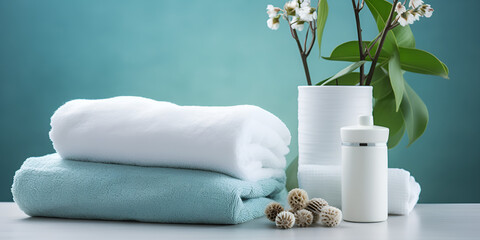 white towel and flower.Clean towels and houseplant on white table,White Towel, Flower, Bath, Bathroom, Spa, Relaxation, Hygiene, 