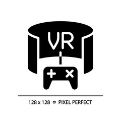 2D pixel perfect glyph style virtual reality icon, isolated vector, silhouette illustration representing VR, AR and MR.