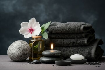 Obraz na płótnie Canvas Composition of spa treatment on grey wall with tropical flower. Healthy nature leaf space candle. Generate Ai