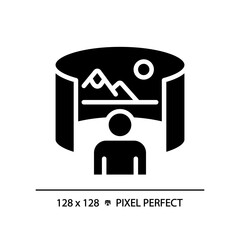 2D pixel perfect glyph style virtual landscape image icon, isolated vector, silhouette illustration representing VR, AR and MR.