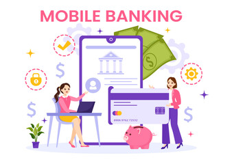 Mobile Banking Vector Illustration with Wallet App for Payment from Phone and Wireless Cash Transaction by Credit and Debit Cards in Flat Background