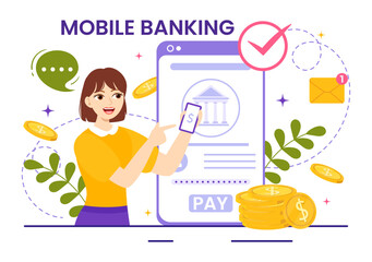 Mobile Banking Vector Illustration with Wallet App for Payment from Phone and Wireless Cash Transaction by Credit and Debit Cards in Flat Background
