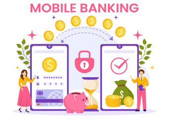 Mobile Banking Vector Illustration with Wallet App for Payment from Phone and Wireless Cash Transaction by Credit and Debit Cards in Flat Background