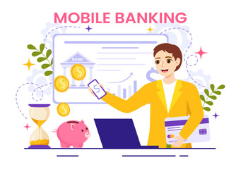 Mobile Banking Vector Illustration with Wallet App for Payment from Phone and Wireless Cash Transaction by Credit and Debit Cards in Flat Background