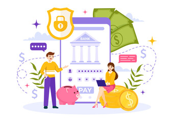 Naklejka premium Mobile Banking Vector Illustration with Wallet App for Payment from Phone and Wireless Cash Transaction by Credit and Debit Cards in Flat Background