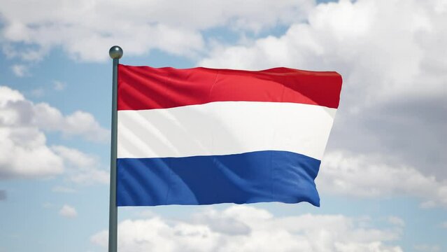 Dutch flag flag flutters in the wind. Holland national flag of european country. Cloudy sky background.
