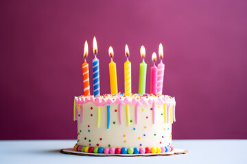 Birthday cake with candles on magenta background