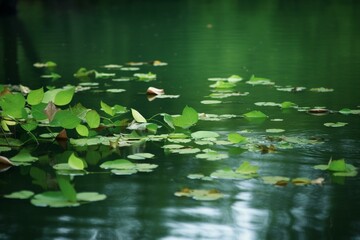 Several floating green leaves on a lake. Generative AI