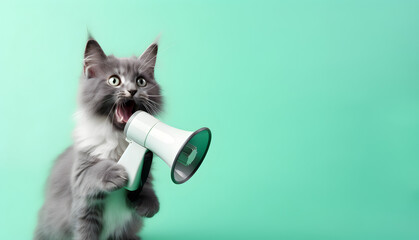 Fototapeta premium Cat announcing using hand speaker. Notifying, warning, announcement.