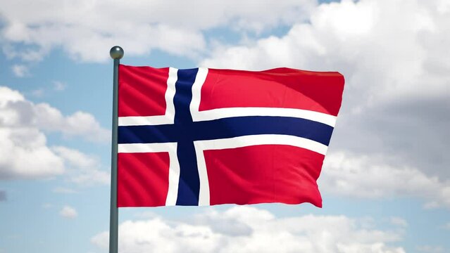 Norwegian flag flutters in the wind. Norway national flag of european country. Cloudy sky background.