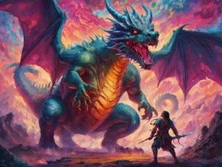 AstronaA man faces a huge dragon.