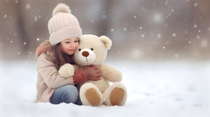 Little girl and toy teddy bear on snow field. Friendship, best friend concept.