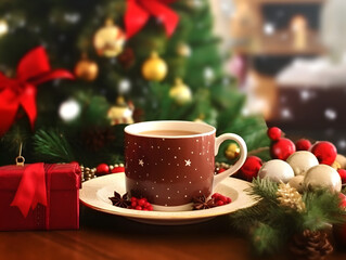 Decorated ceramic coffee cup with background of christmas tree