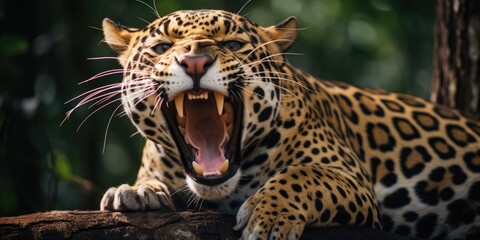 Naklejka premium a image Magnificent Jaguar resting on a tree trunk with open mouth, AI Generative