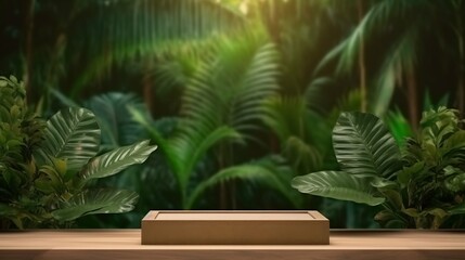 Fototapeta premium Tropical Product Showcase. Wooden podium amidst lush forest, a green backdrop 