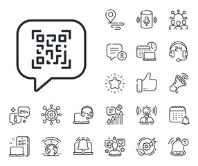 Scan barcode sign. Place location, technology and smart speaker outline icons. Qr code line icon. Chat speech bubble symbol. Qr code line sign. Influencer, brand ambassador icon. Vector