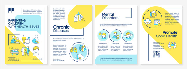 Multicolor parenting children with health issues brochure template, leaflet design with thin linear icons, 4 vector layouts.