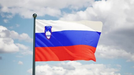 Slovenian flag flutters in the wind. 
Slovenia national flag of european country. Cloudy sky background.