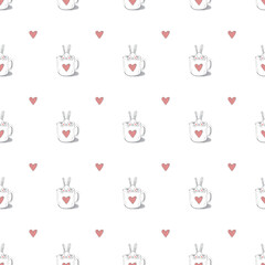 Cute little rabbit in the cup seamless vector pattern