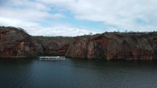 Drone footage of the canyons of the Sao Francisco River on a cloudy day in Alagoas, Sergipe, Brazil