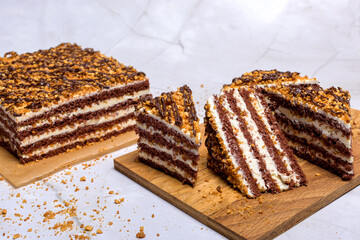 Chocolate nut cake on a light background