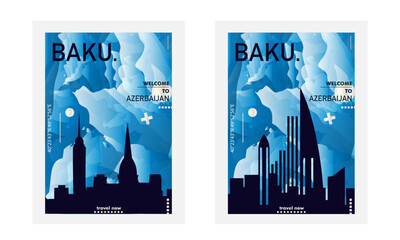 Baku Azerbaijan city poster pack with abstract skyline, cityscape, landmarks and attractions. Caspian region town travel vector illustration set for brochure, website, page, business presentation