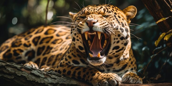 a image Magnificent Jaguar resting on a tree trunk with open mouth, AI Generative