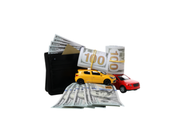 PNG,Toy car with wallet and money, isolated on white background