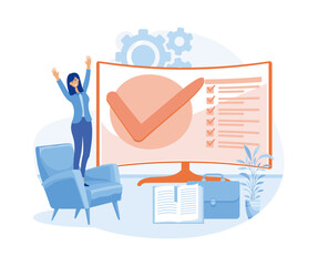 Happy woman and desktop with checkmark sign. Task completed or finished work concept. flat vector modern illustration