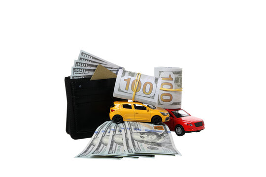 PNG,Toy car with wallet and money, isolated on white background