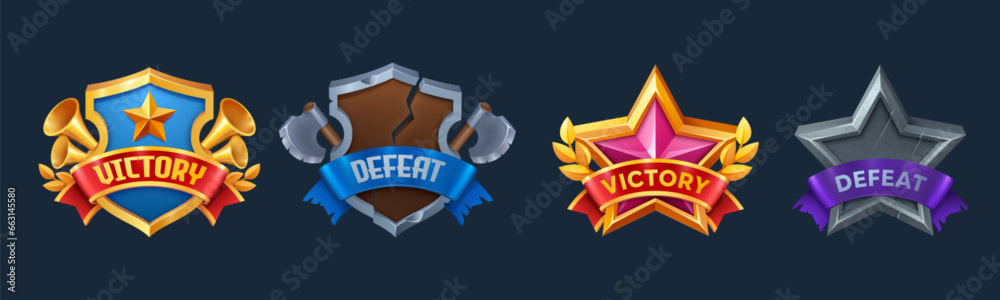 Poster victory and defeat game user interface badges. cartoon vector set of win and lose labels with ribbon