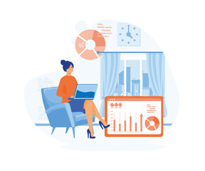 Handsome businessman analyzing data on his laptop in home interior. flat vector modern illustration 