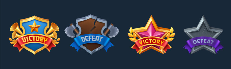 Victory and defeat game user interface badges. Cartoon vector set of win and lose labels with ribbons in form of shield and star. Success and fail in passing level or completing task result panel. © klyaksun