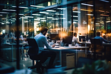 Fototapeta premium Blurred people working and sitting at desks in an open office