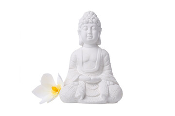 PNG, White statue of Buddha and flower, isolated on white background