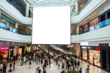 Indoor shopping mall advertising billboard, large video promotion LED white screen in public space area with people