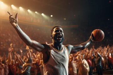 african black basketball player in a white uniform rejoices at the abandoned ball in a stadium with spectators.