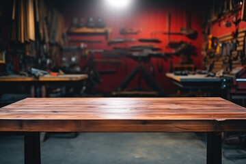 empty wooden table on garage background with tools