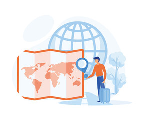Set Geolocation Concept with Tiny Male and Female Characters Searching Route and Looking on Map Online in Smartphone Application. flat vector modern illustration