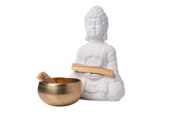 PNG, White statue of Buddha and bowl, isolated on white background