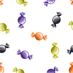 Candies halloween seamless pattern on a white background. Sweet Halloween candy . Trick or treat background. Lollipops in a multi-colored wrapper. Wallpaper vector illustration.
