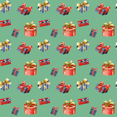 Seamless watercolor pattern of christmas different gift box, Seamless pattern on green background. Christmas watercolor presents.