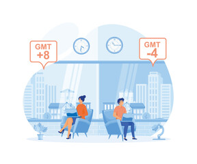 Time zones concept collage with man and woman working during night and daytime. flat vector modern illustration 