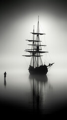 black sailboat silhouette in the fog. high, narrow, vertical, panorama