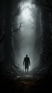 Horror a lonely silhouette vertical, high, narrow, in a gloomy foggy forest, maniac thriller the darkness of the night