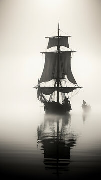 black sailboat silhouette in the fog. high, narrow, vertical, panorama