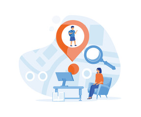 Parental control app. Mom in the office checks her daughter's location using smartphone. Modern technologies and child safety. flat vector modern illustration