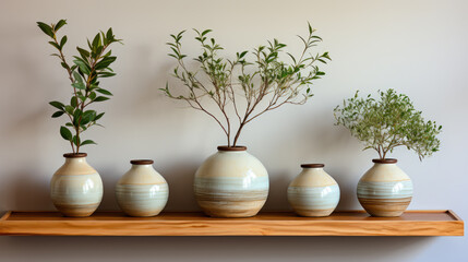Generative ai illustration of Wood floating shelf with vases and frames