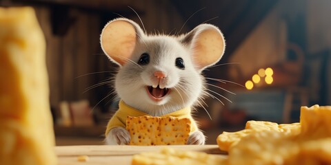 a illustration Cute mouse standing by eating delicious cheese, AI Generative - obrazy, fototapety, plakaty