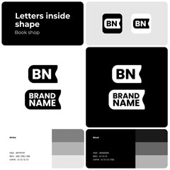 Book shop white and black logo with brand name. Simple icon. Creative design element and visual identity. Template with font. Suitable for book, literature, store, shopping, library.